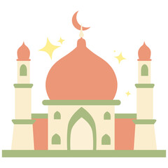 Pastel colored mosque illustration with crescent moon symbol. Perfect for Ramadan, Eid, or Islamic design projects. Represents peace, spirituality, and a holy place for Muslim prayer.