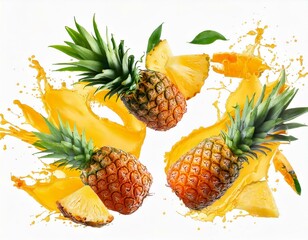  Set with different Flying in air fresh ripe whole and cut baby Pineapple with slices, leaves.