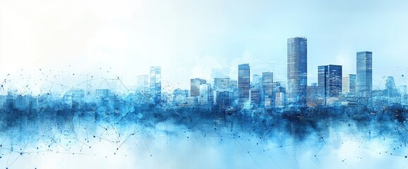 A blue hued cityscape emerges from a network of connecting lines, creating a modern abstract view