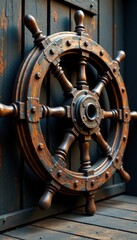 Fototapeta premium Distressed wooden sailing ship wheel, boat parts, antique nautical