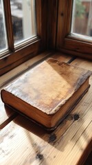 A book sits near a window with natural light. Wood grain is seen