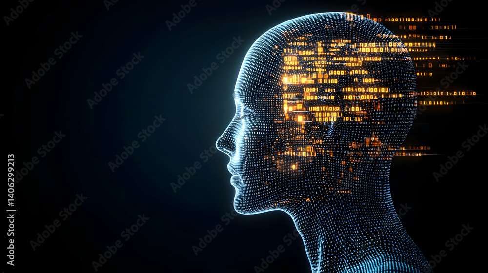 Poster abstract glowing particle digital human head with data flow on dark blue background artificial intel