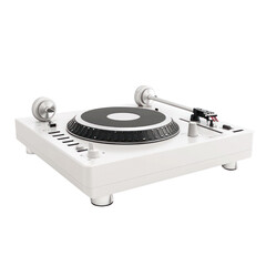 Fototapeta premium Spinning vinyl action white turntable cutout background studio setup modern vibe top-down view