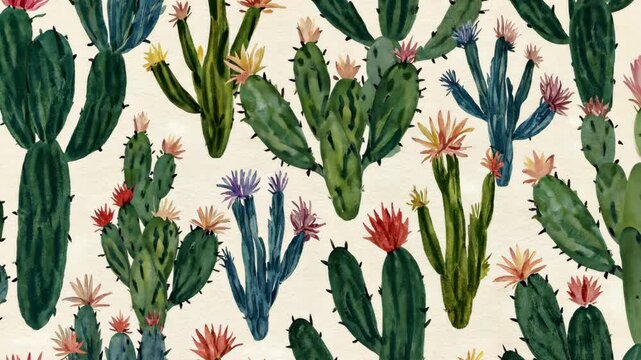 Vibrant watercolor painting pattern of various green and blue cacti with red, yellow, and purple flowers scattered on light background