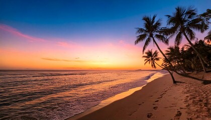 Sunset and palm trees on the beach against the soft pink tropical sky over the blue pacific