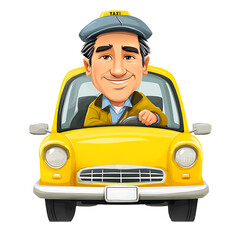 Cartoon taxi driver smiling in a classic yellow cab, ready to take on passengers.