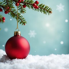Hanging ornaments with gold thread and red berries against a snowy white background , snow, winter
