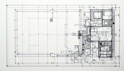Technical drawing blueprint illustration on white background with black outlined shapes , design, building plans
