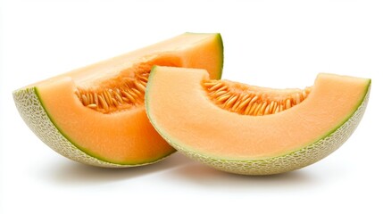 Fresh whole cantaloupe melon with juicy slice isolated on clean white background,showcasing ripe texture,sweet taste healthy nutrition. Concept of tropical fruit,organic produce,natural food freshness