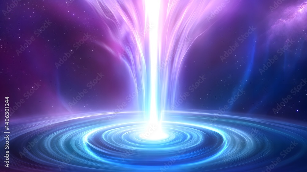Poster a depiction of a cosmic event with a bright light beam and swirling patterns