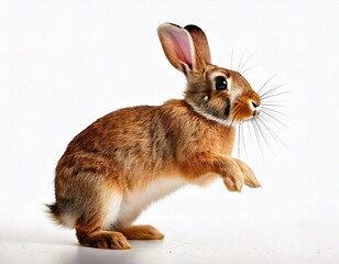 Obraz premium The funny rabbit is standing on its hind legs white background