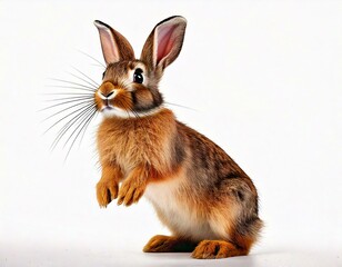 Obraz premium The funny rabbit is standing on its hind legs white background