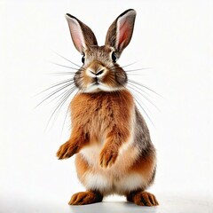 Obraz premium The funny rabbit is standing on its hind legs white background