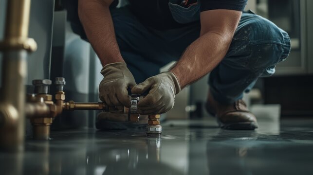 Plumber fixing a leaky pipe in a commercial building. Featuring plumbing repair and maintenance