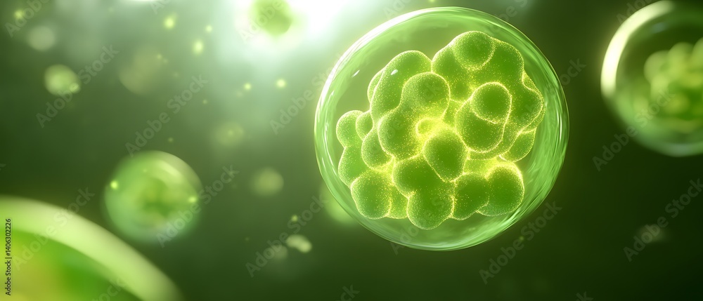 Poster close-up of a glowing cell with multiple nuclei, possibly representing cellular division or stem cel