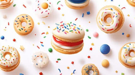 Colorful Assortment of Donuts and Macarons with Sprinkles