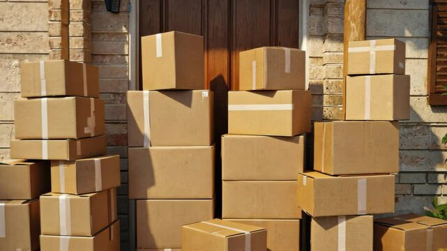 Stacked cardboard boxes sit outside a house near a door ready for delivery, shipment or moving to a new residence.