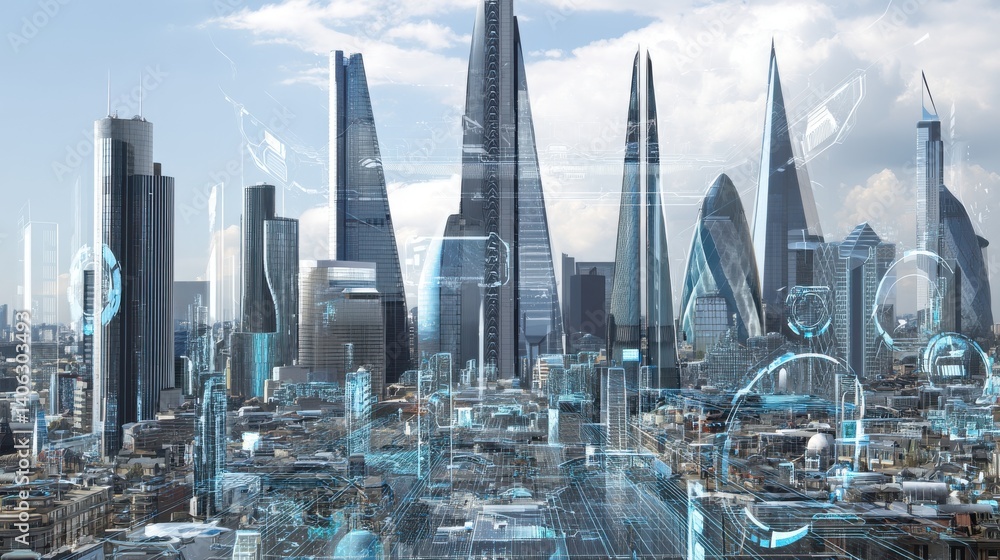 Poster a dynamic high tech cityscape featuring a dense cluster of towering skyscrapers modern architectural