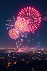 Vibrant fireworks exploding in the night sky over a cityscape, celebration, fireworks