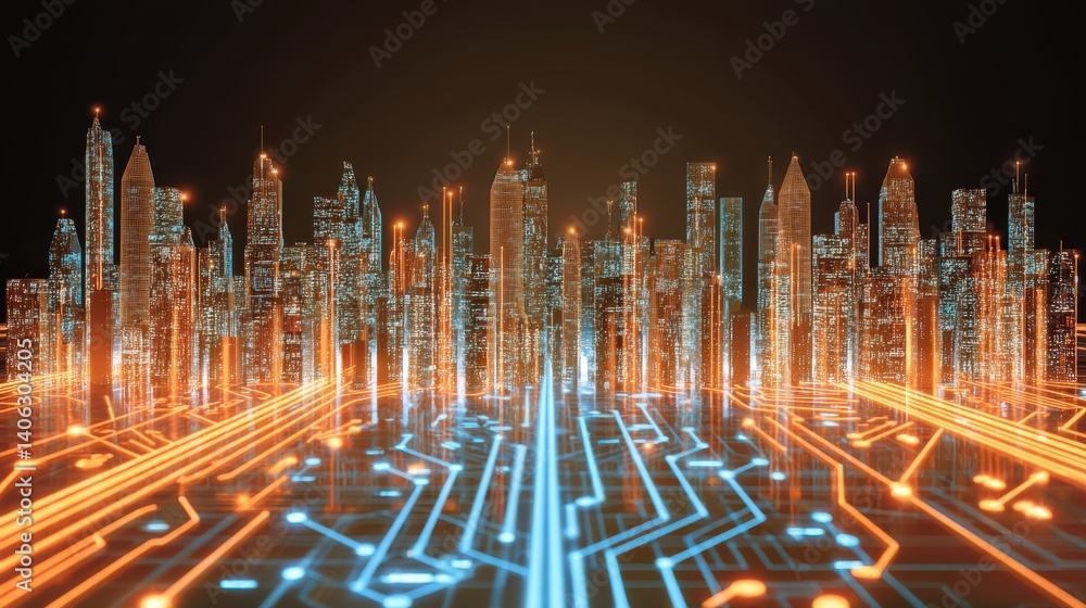 Poster a vibrant illuminated cityscape with towering skyscrapers intricate networks of roads and highways a