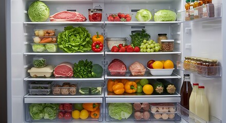 Organized Refrigerator: Fresh Produce, Meats, and Pantry Staples in a Modern Setting