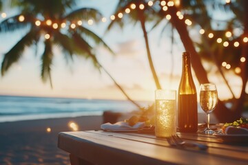 Romantic beach dinner sunset palm trees wine glasses vacation relaxation