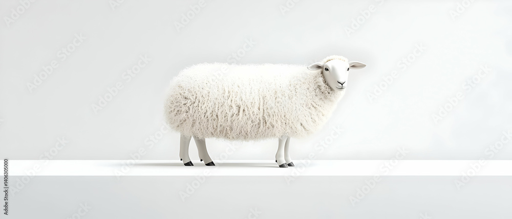 Poster side profile of a white sheep with thick wool standing on a white surface against a white background