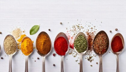 Various spices in spoons, copy space, white background. 