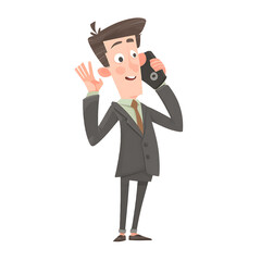 Obraz premium Cartoon businessman in a suit talking on the phone and waving hand in greeting