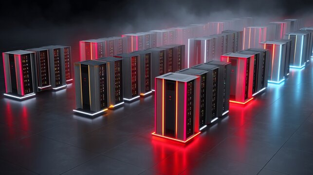Rows of illuminated servers in a dark room