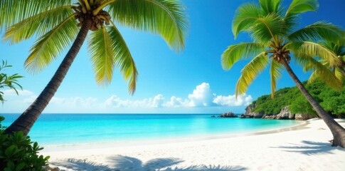 Sunny palm trees on white sandy beach with turquoise water, natural , tropical beach, sunny