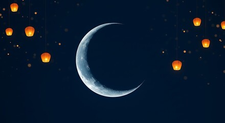 Naklejka premium Crescent Moon Night: Serene Sky with Glowing Lanterns