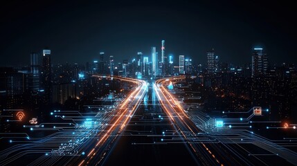 Fototapeta premium Futuristic cityscape at night featuring a vibrant illuminated skyline with towering skyscrapers busy highways and a network of technological infrastructure