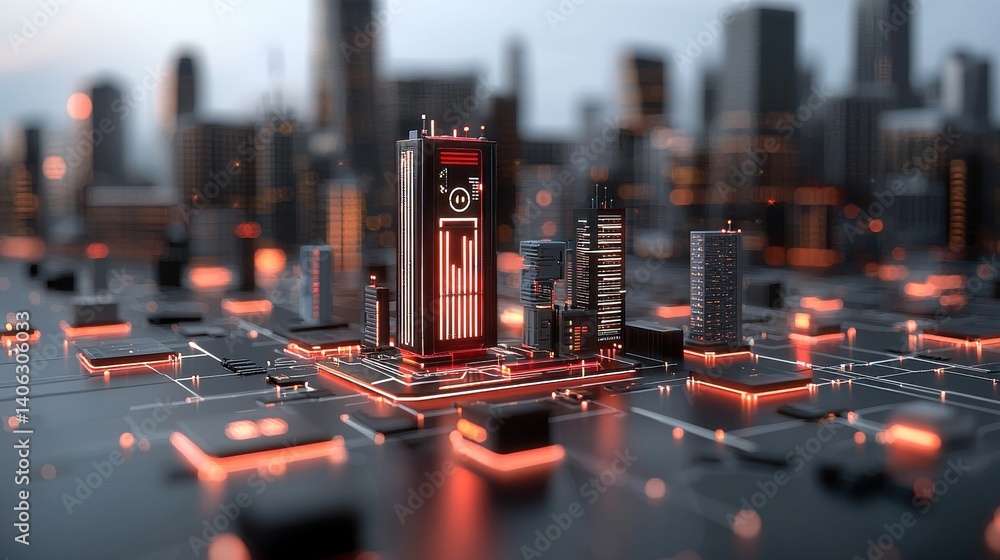 Aufkleber a miniature digital cityscape showcasing a vision of a technologically advanced interconnected urban