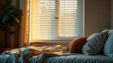 Morning sunlight streams through window blinds onto a neatly made bed with soft pillows and a rumpled blanket.