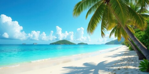 Palm trees sway gently in ocean breeze on sandy tropical beach with island in background ,  ocean,  scenery