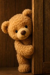 Obraz premium Cute Teddy Bear Peeking from Wooden Cabinet