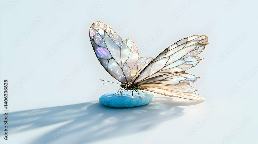 Poster iridescent butterfly with translucent wings resting on a small blue stone on a white background with