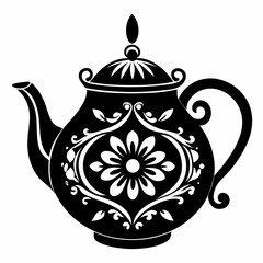 Black Silhouette of a Decorative Floral Teapot Vector Illustration