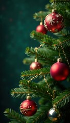 Christmas tree branches with ornaments hanging from gold chains, isolated, christmas trees