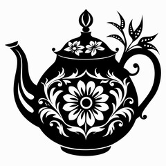 Black Silhouette of a Decorative Floral Teapot Vector Illustration