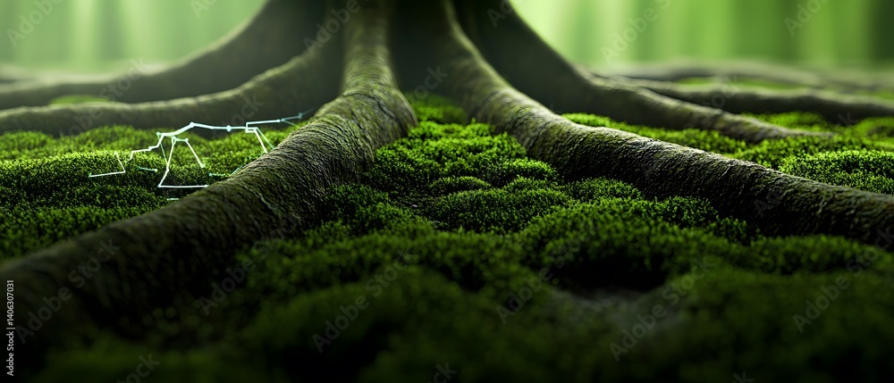 Poster a close-up of a tree root covered in lush green moss with a small geometric wireframe structure