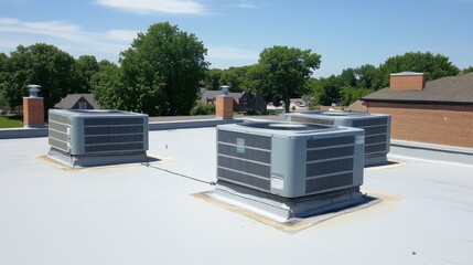 Rooftop array of commercial air conditioning units with large ventilation fans, blue sky