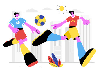 Soccer Vector Illustration Featuring a Man Kicking a Soccer Ball on a Green Field for a Football League and Sports Match in a Flat Cartoon Background
