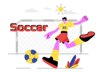 Soccer Vector Illustration Featuring a Man Kicking a Soccer Ball on a Green Field for a Football League and Sports Match in a Flat Cartoon Background