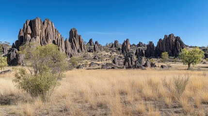 Sharp rock formations jutting out from mountainside with deep blue sky background