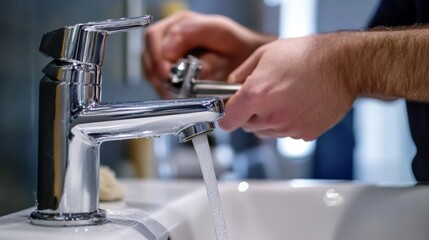 Plumber installing a new faucet in a bathroom sink. Featuring faucet installation