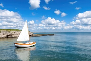 Sailing boat gliding serene water white sails calm sea bright blue sky vacation travel maritime recreation