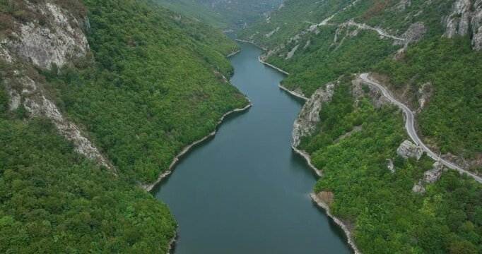 Scenic View Of Shala River Flowing Through The Albanian Alps In Northern Albania. Aerial Drone Shot
