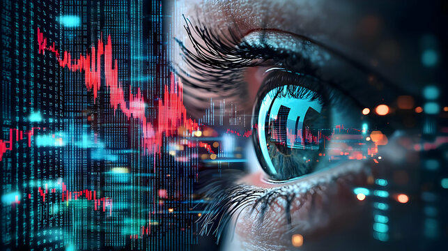 Abstract Digital Eye with Binary Code Data Matrix in Blue and Red Glowing Overlay Displaying Futuristic Technology and Cyber Security Concept - Powered by Adobe